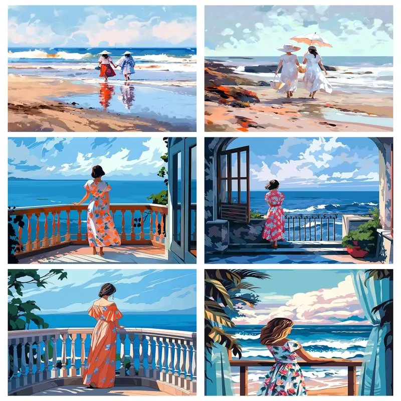 

RUOPOTY Paint By Numbers Kits With Frame Beach Balcony Scenery Diy Paint On Canvas For Adults Handpainted Picture Home Wall Deco