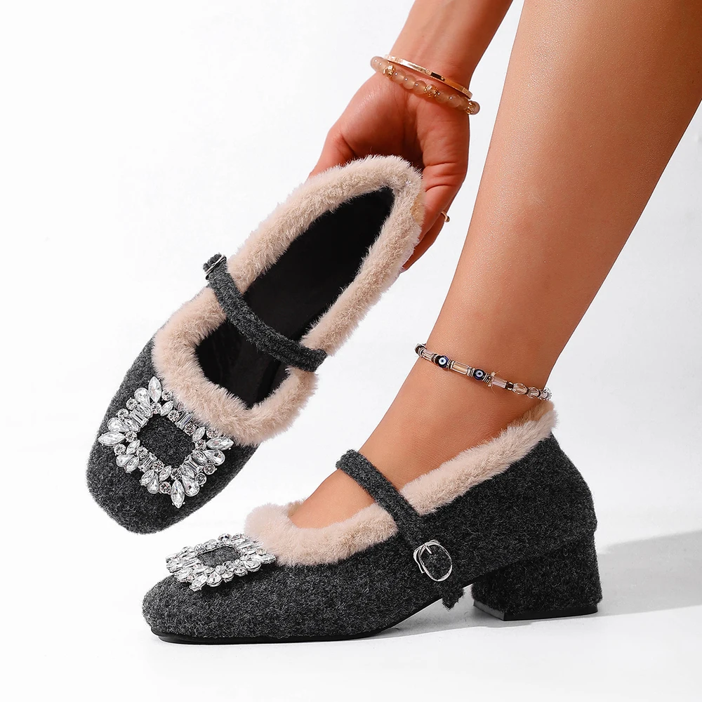 

Теплые шерстяные туфли из французского флиса, зима 2026, женские туфли Мэри Джейн на блочном каблуке со стразами и одним словом