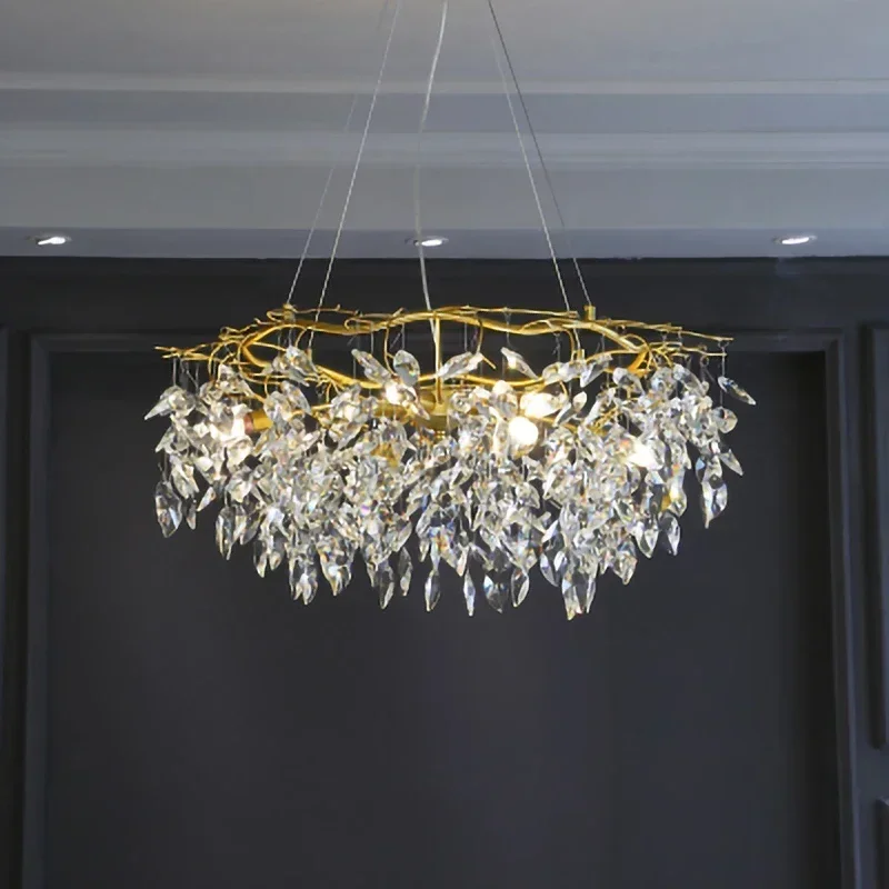 

Tree Branch Round Large Crystal Ceiling Pendant Lamps Modern Gold Bedroom Decorative Pendant Light Luxury Villa Chandelier