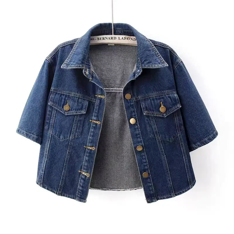 

Korean Short Sleeve Denim Jacket: 2024 Cropped Oversized Shacket, Breathable Summer Kimono Style, Casual Boho Cover Up