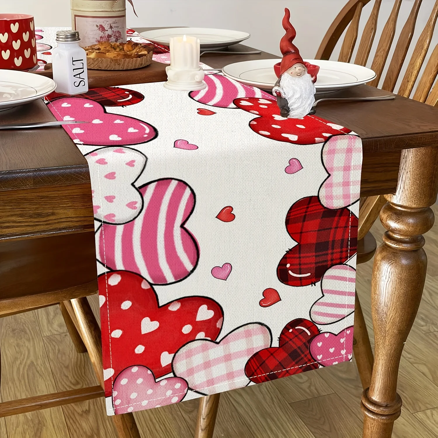 Valentine's Day Heart Design Linen Table Runner - Multi-Size for Wedding Anniversary Dining Decor
