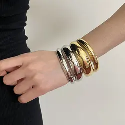 Punk Metal Smooth Chunky Double Layer Wide Open Bracelets Bangles for Women Girls Irregular Exaggerated Vintage Jewelry Gifts