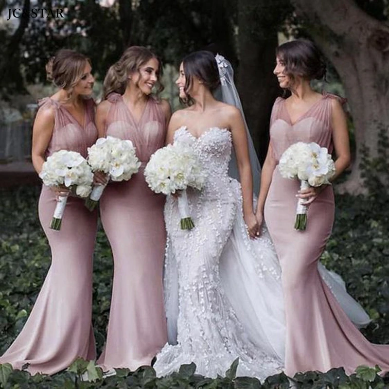 dusty pink bridesmaid dresses tulle satin sexy v neck mermaid elegant dress women for wedding party vestidos de gala chic