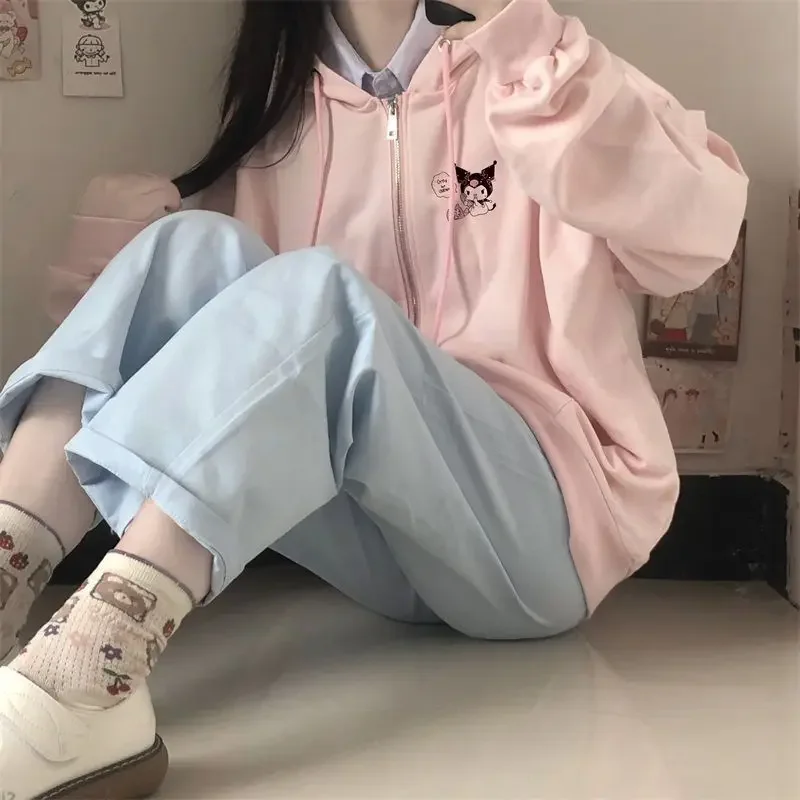 Japanese Sanrio Kuromi Cute Cartoon Embroidered Hooded Cardigan Female Spring Autumn Loose Pink Vintage Cardigan Zip Up Hoodie