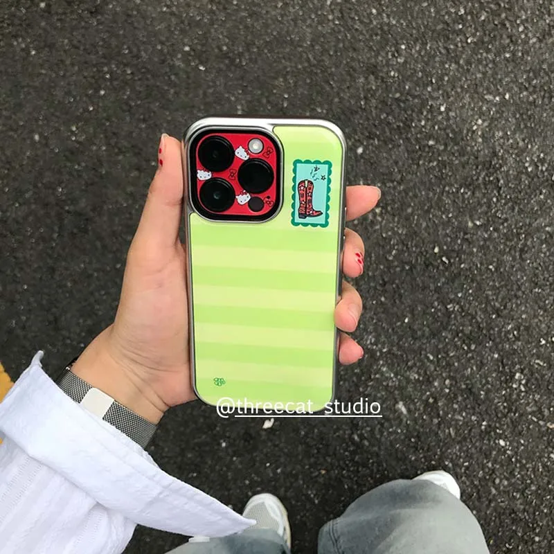 

Korean Ins Melon Green Striped Boots Niche Phone Case For IPhone17 16 15 PRO MAX Air 14 7 8 PLUS XR XS MAX Interesting Y2K Cover