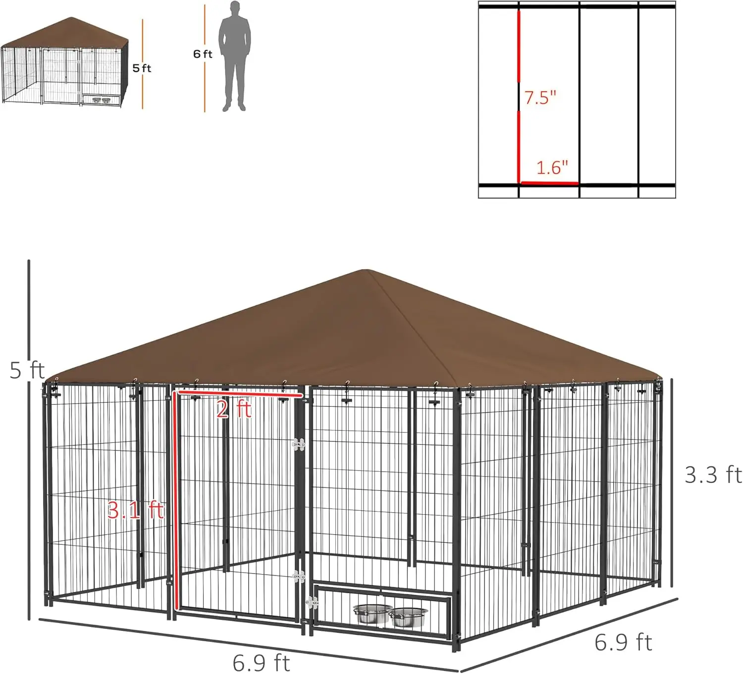 Питомник для собак PawHut Outside, игровая ручка для щенков 6,9 x 6,9 x 5 футов с навесом, садовый манеж, ящик для забора, клетка, вращающаяся миска,