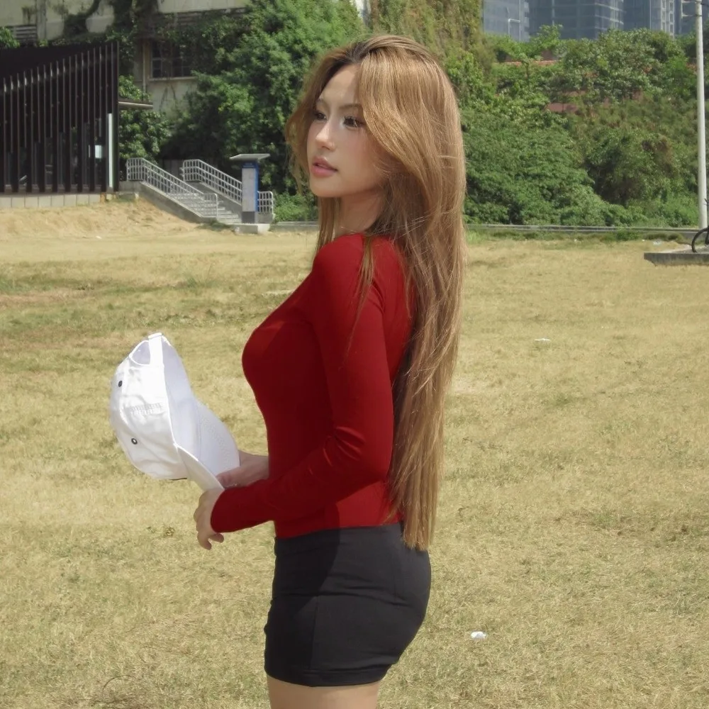 

Элегантный облегающий укороченный топ с V-образным вырезом, милый топ с длинными рукавами, эластичный удобный облегающий боди, уличная одежда