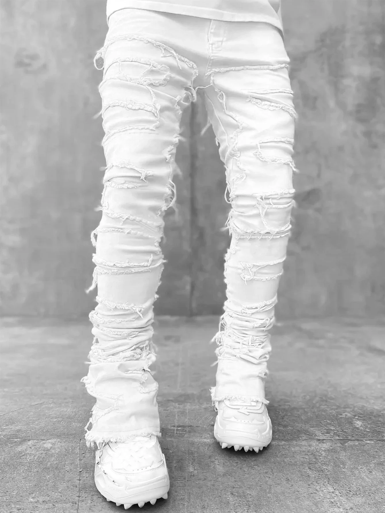 High Street White Heren Gestapelde Jeans Gestrekte Patchwork Kwastje Beschadigde Denim Lange Broek Hip-Pop Broek Voor Mannen