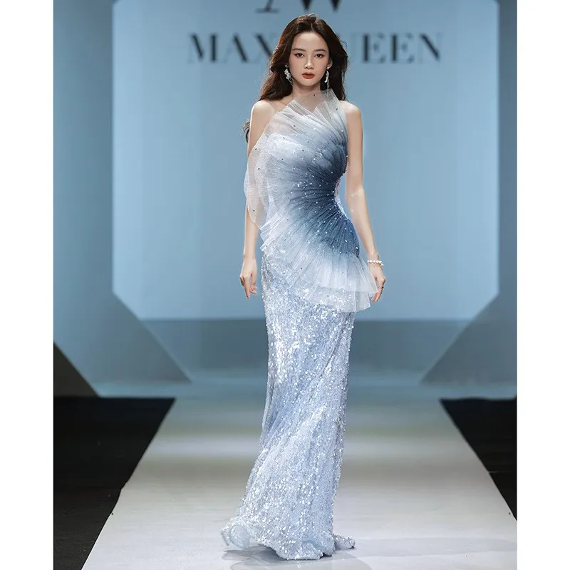 

Women's, Blue Art Exam Banquet Performance Catwalk Host Waist-Tight Fishtail Sequins Dress