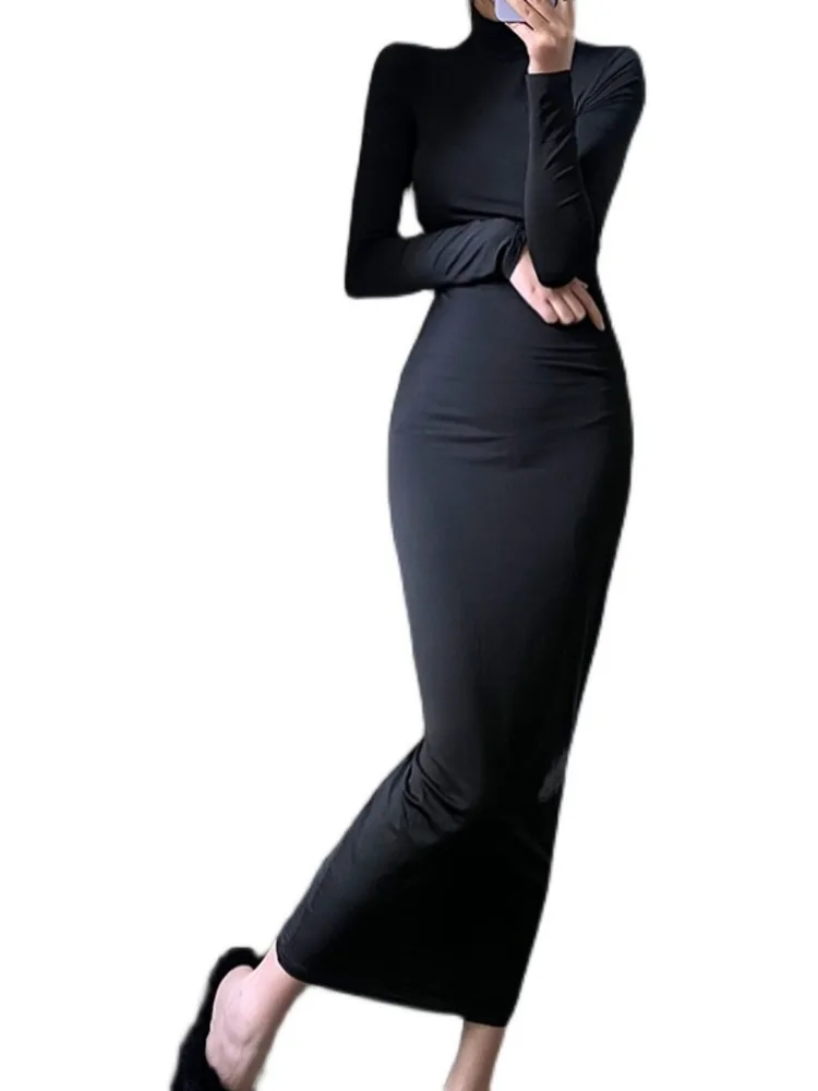 WOMENGAGA 2022 New Autumn Winter Black Long Maxi Dress Slim Skinny Stand Collar Sexy Long Dresses Korean Women Slim Top ZNF9