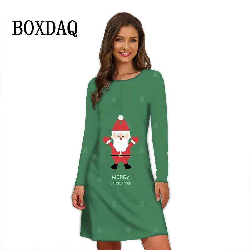 Winter Women Santa Claus Print Dresses For 2024 New Autumn Long Sleeve Christmas Elk Party Dress Elegant Ladies Casual Clothes