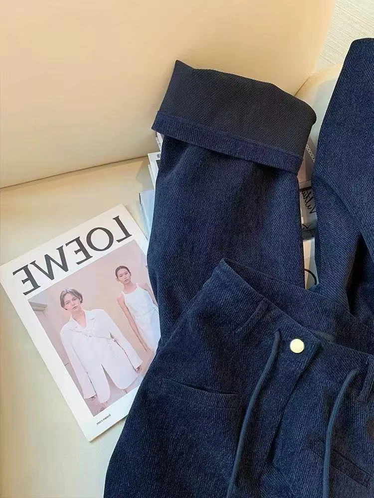 Marineblaue Cord-Freizeithose für Damen, Herbst-Plüsch, dicke Streetwear-Schnürhose mit weitem Bein, hohe Taille, gerade All-Match-Hose