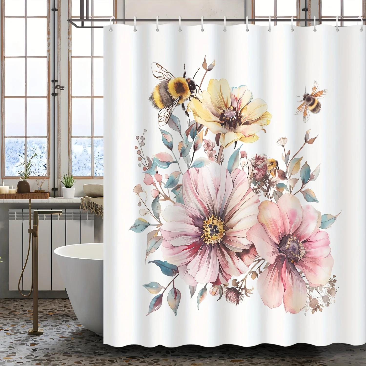 

Цельная занавеска для душа с пчелиным и цветочным узором, полиэфирная ткань, которую можно стирать в машине, подходит для украшения ванной комнаты