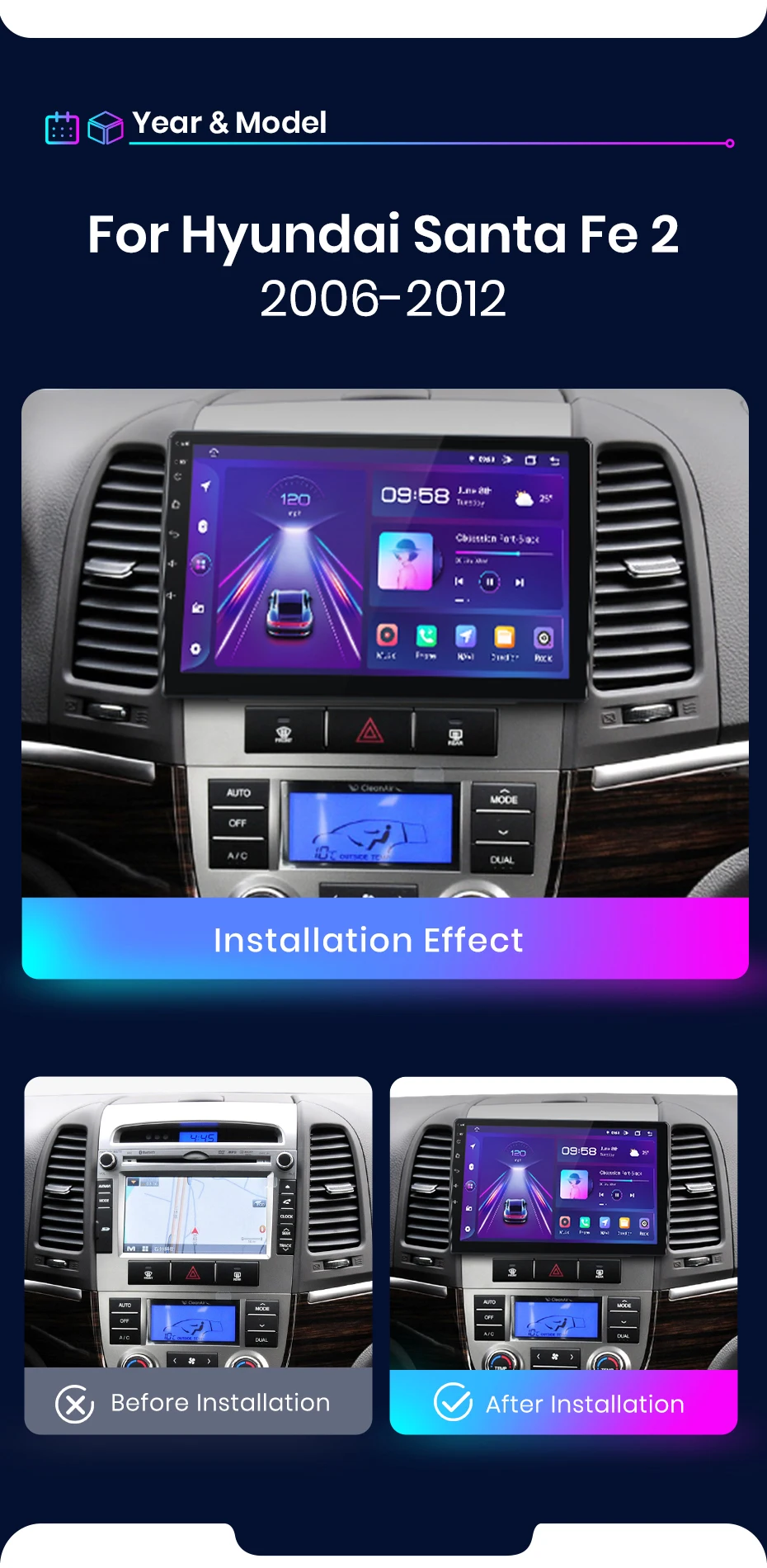 Junsun carplay android auto autoradio für hyundai santa fe 2 2007 2006-2015 gps intelligente systeme stereo multimedia autoradio – Detail 3