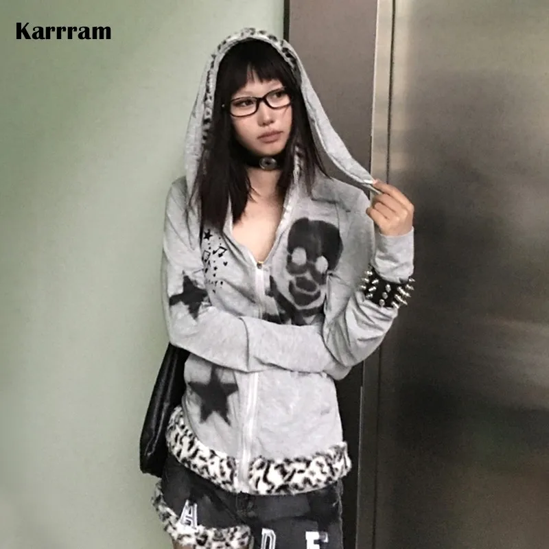 Karrram Japanese Y2k Rabbit Ears Jacket Gothic Skull Print Hooded Outerwear Vintage Harajuku Zipper Sweatshirt Grunge Aesthetics