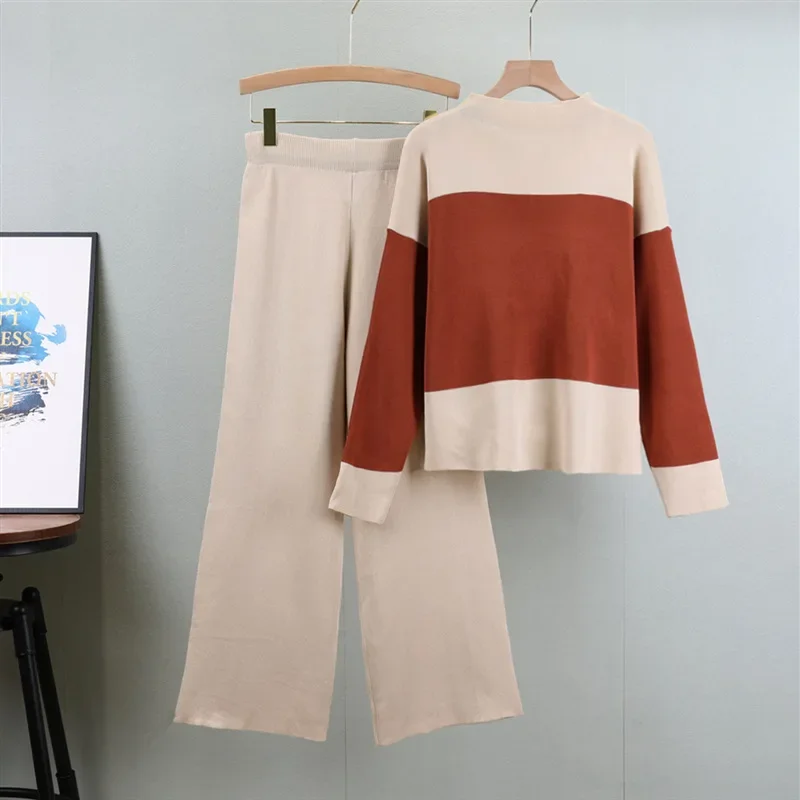 2024 Autumn New Fashion Loose Color Matching Crew Neck Pullover Sweater Wide Leg Pants Casual Two Piece Sets Womens Outifits