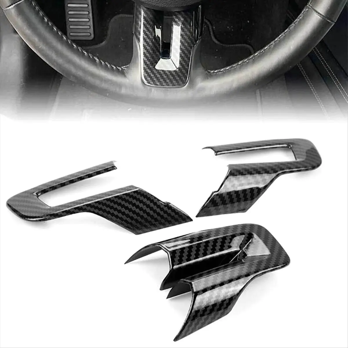 #54K Carbon Fiber Black Steering Wheel Cover for Ford Mustang 2016-2023,Steering Wheel Cover Trim,(plastic)