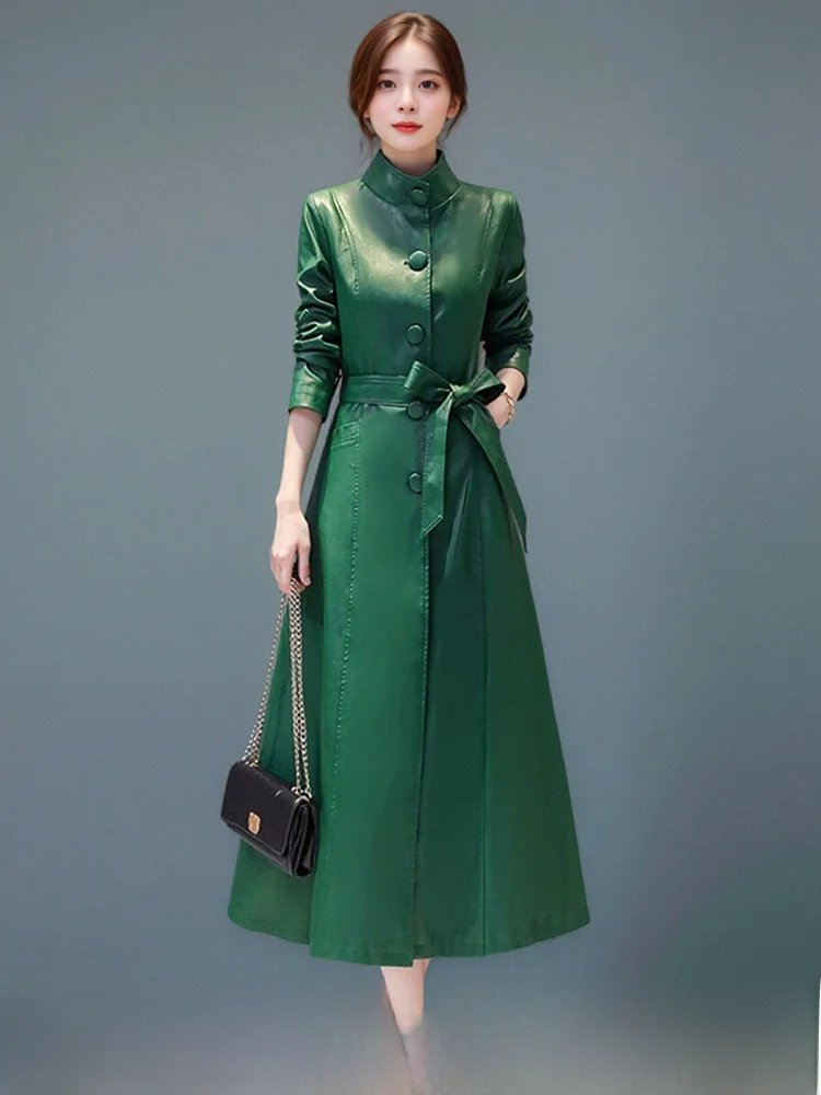 Slim Fit over Knee eep Leather Coat Women's mid Length Waist Cinched Belted Korean Sle Outerwear Autumn Commute Windbreaker