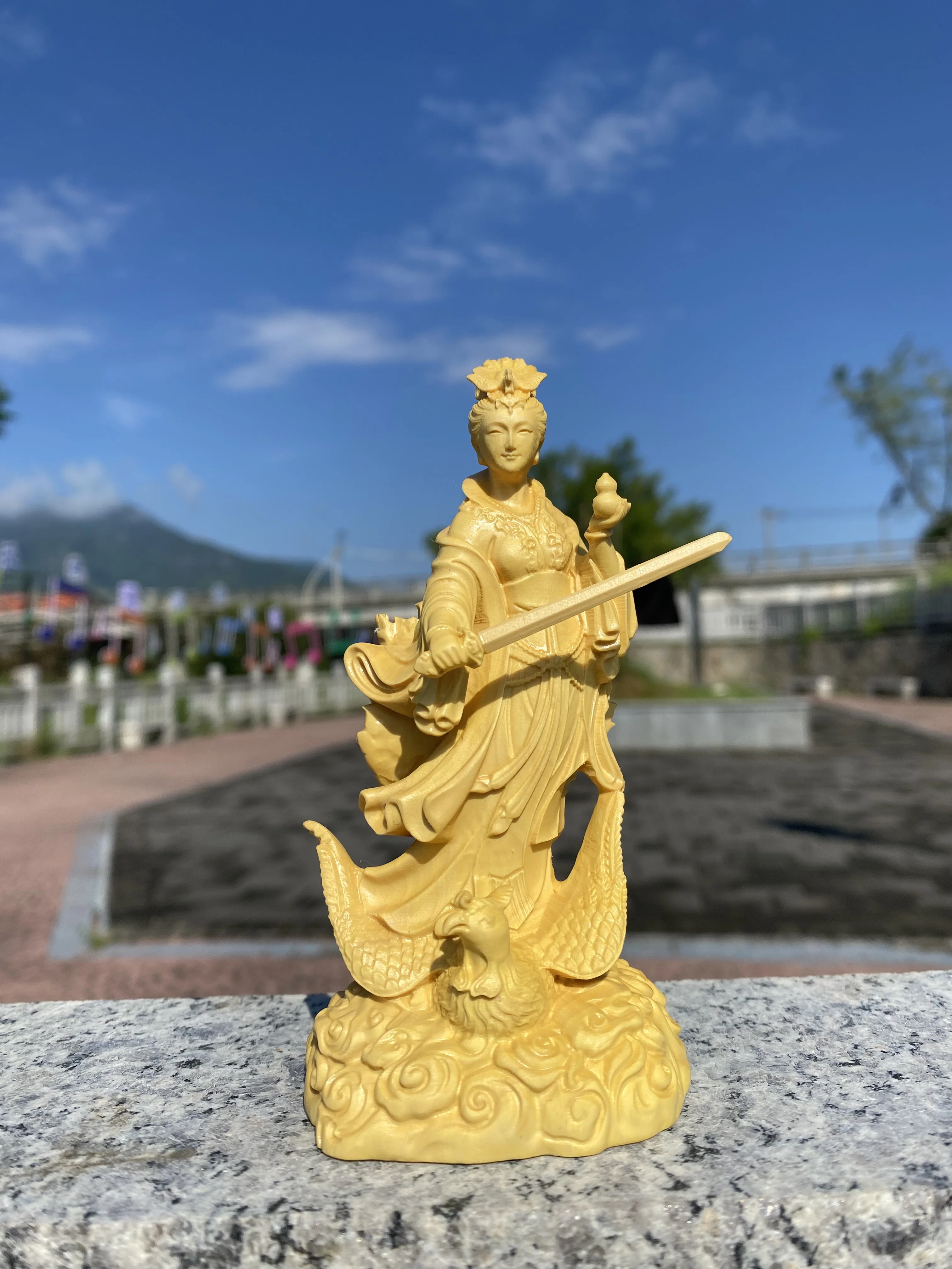 手彫り黄楊九天玄女像 - 九天玄女鳳凰に乗り、中国道教の神像、家庭