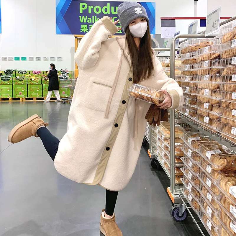 

Lamb Wool Coat for Women Hooded Imitation Winter Loose Long Cotton Jacket Trend Color-Block Spliced Hooded Shearling clothing