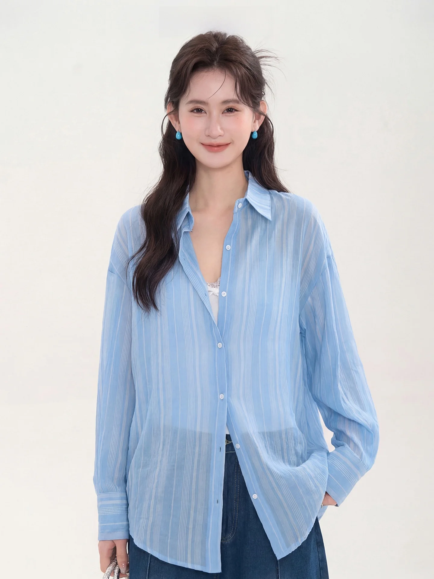 

Heme Spring Light Active Style Women's Long Sleeve Striped Shirt Comfortable Breathable Korean Version Collar Loose Fit