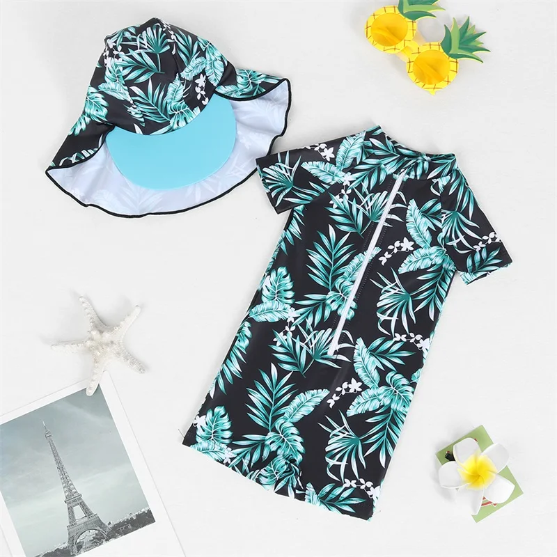 Baby Boys Swimsuit Short Sleeve Leaves Print Rash Guard Jumpsuit with Hat Summer Swimwear