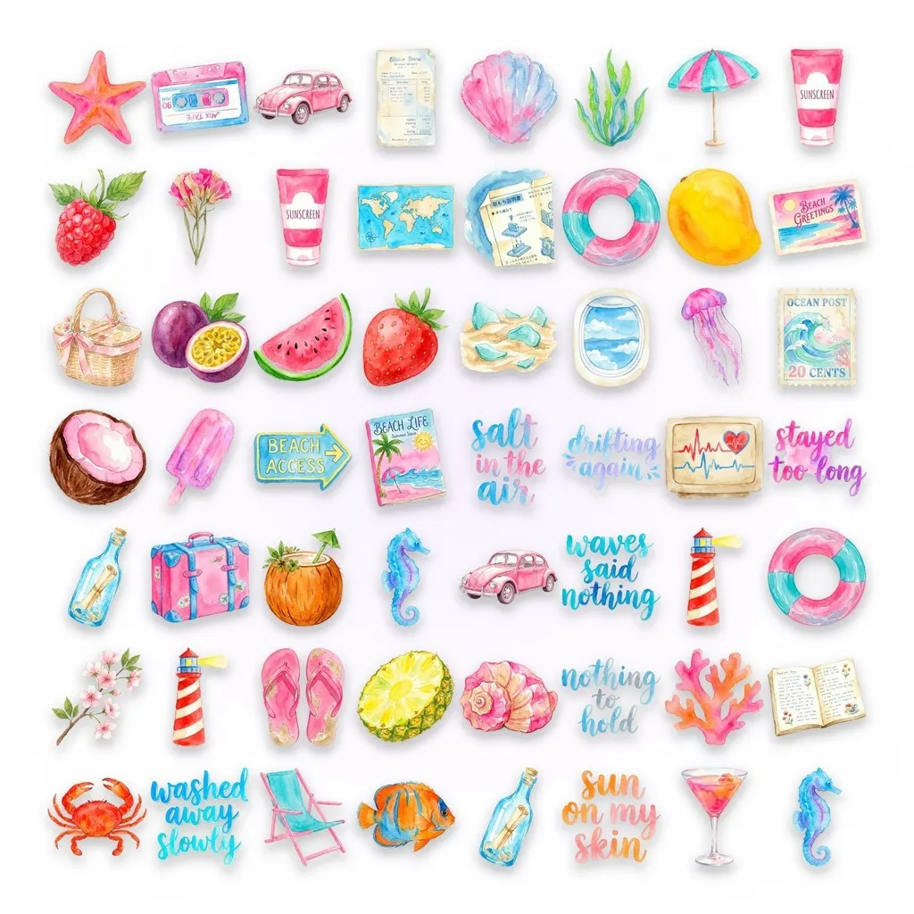 50Pcs Watercolor Beach Diary Transparent PET Stickers Summer Fresh Waterproof Decals for DIY Golden Memory Stickers Store