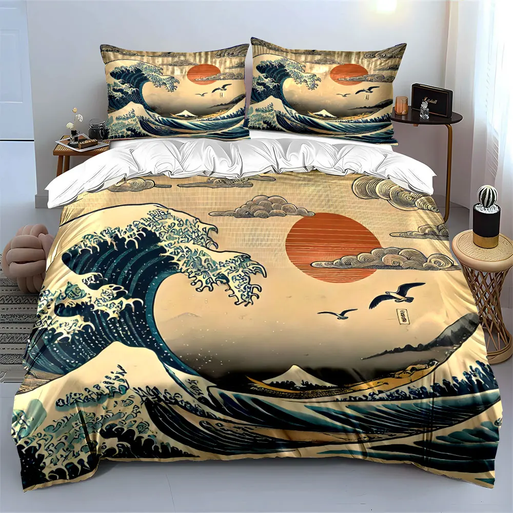 Classic Japanese Great Wave and Peaks Print Bedding Set 1 Duvet Cover 2Pillowcases for Adult and Children Luxury Gift Full Size