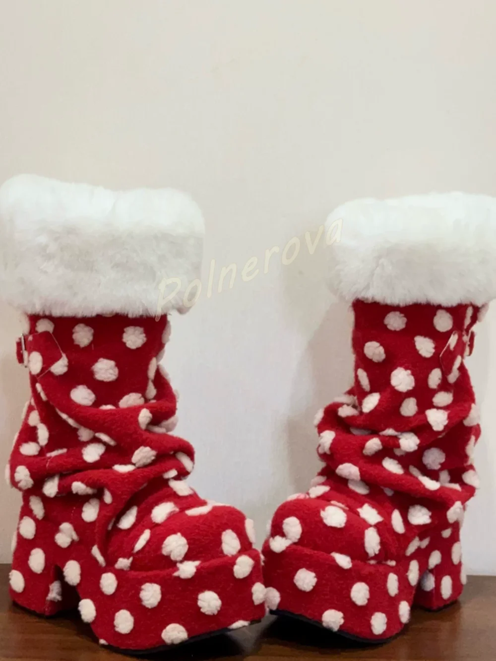 Platform Fur Cuff Polka Dot Boots Slouchy Chunky Block Heel Y2K Women Mid Calf Boots Winter Warm Gothic Lolita Party Boots