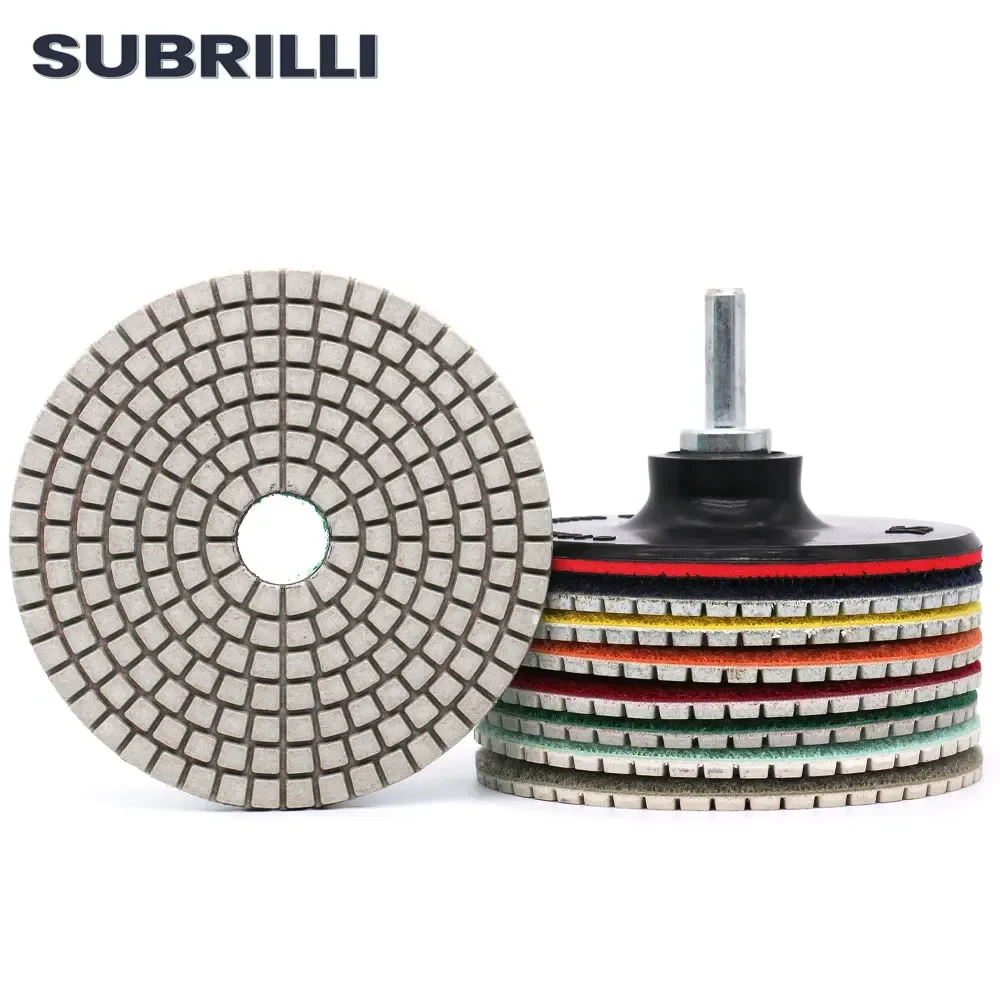 Subrilli Kit de Almofadas de Polimento de Diamante Roda de Lixa de Concreto Seco Molhado Polonês Disco Telha Cerâmica Pedra de Mármore Moagem com Suporte