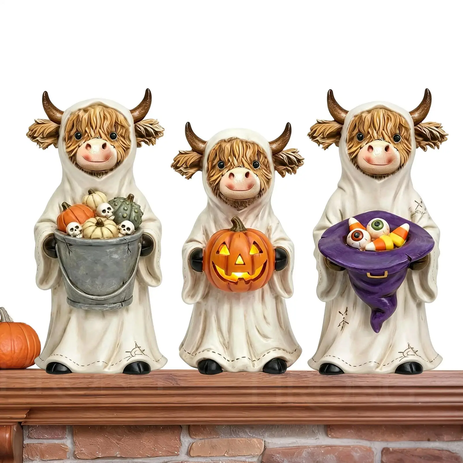 3pcs Halloween Ghost Highland Cow Resin Ornaments Pumpkin Skull Witch Hat Theme Wearing Ghost Robes And Calf Statues Decoration