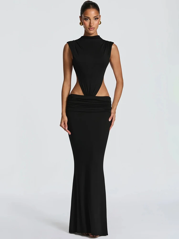 Mozision Damen Cut-Out Rückenfreies Sexy Maxikleid Elegantes Hochgeschlossenes Ärmelloses Gerafftes Bodycon-Kleid für Club, Party, Strand Langes Modekleid