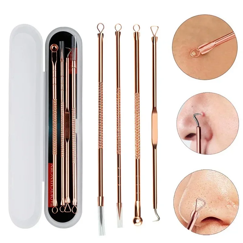 4Pcs Stainless Steel Blackhead Remover Tool Kit Face Massage Whitehead Pimple Spot Comedone Acne Extractor Face Massager