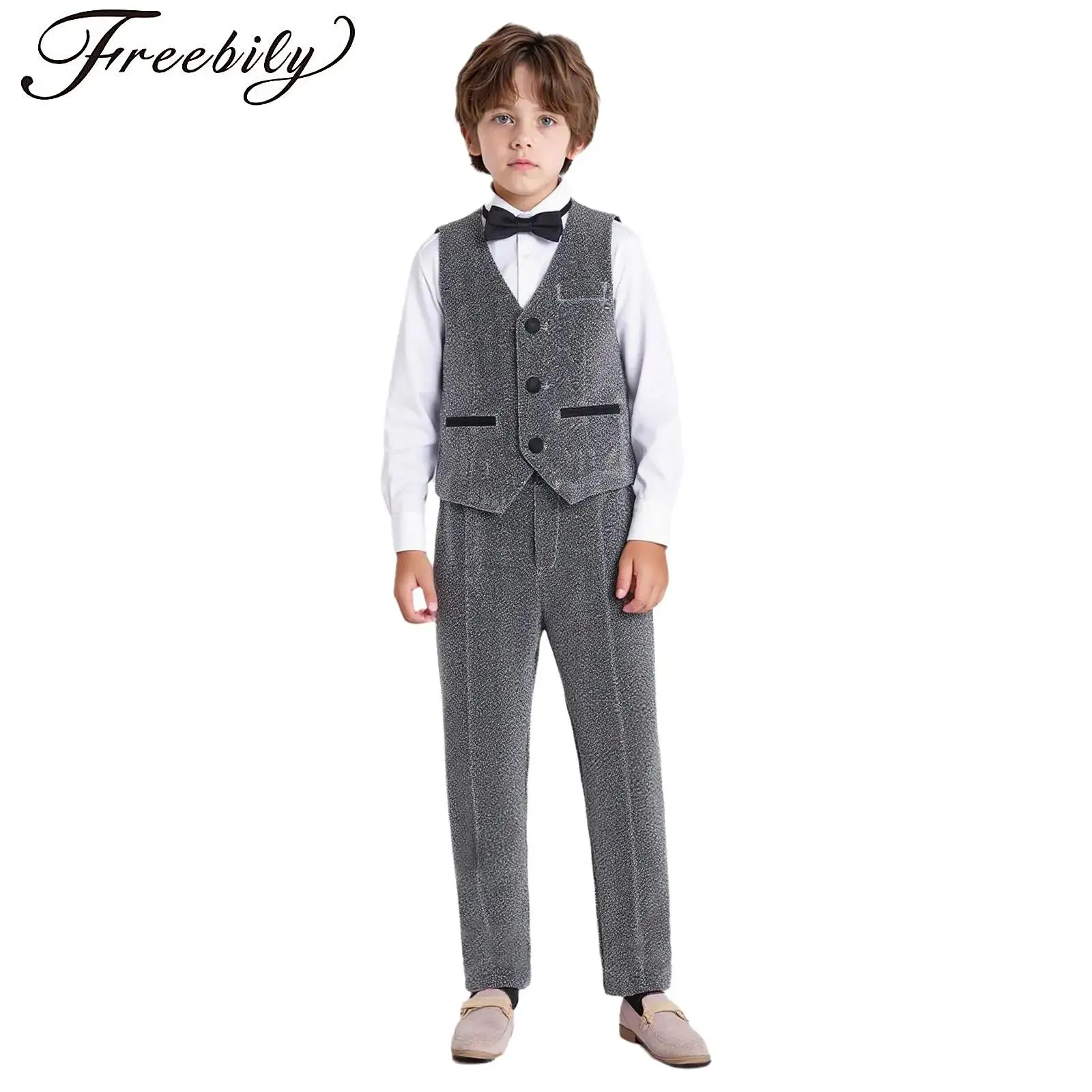 

Boys Gentleman Outfits Vintage British Formal Suit Button-down Waistcoat Vest Suit +Bowtie +Pants for Birthday Wedding Banquets