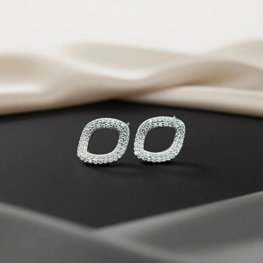 Hollow Cushion Square Pave Zircon Stud Earrings Open Frame Sparkling Silhouette Two‑Tone Women Minimalist Daily Fashion Jewelry