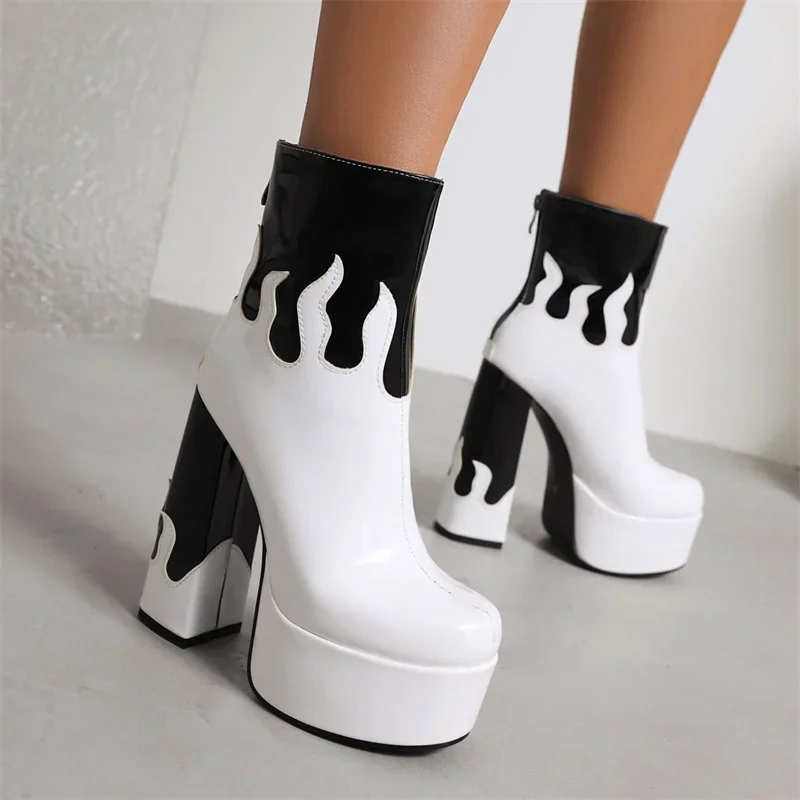 Red Flame Mixed Color Platform Ankle Boots Women High Chunky Heels Pink White Party Ladies Autumn Winter Punk Zipper Short Boots