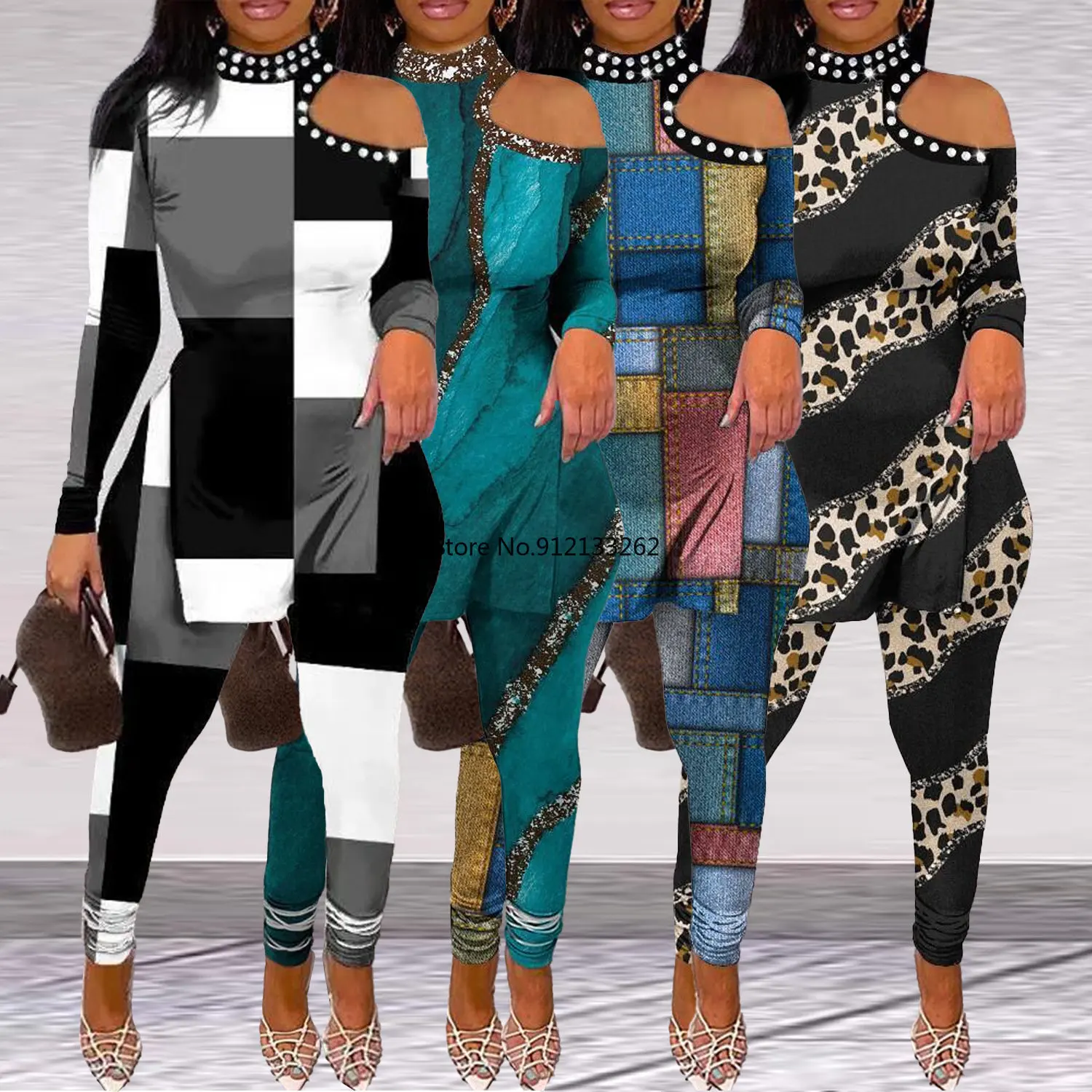 2023 Spring Autumn African Women Long Sleeve O-neck Polyester Two Pieces Sets Top and Long Pant L-3XL African Clothes For Women