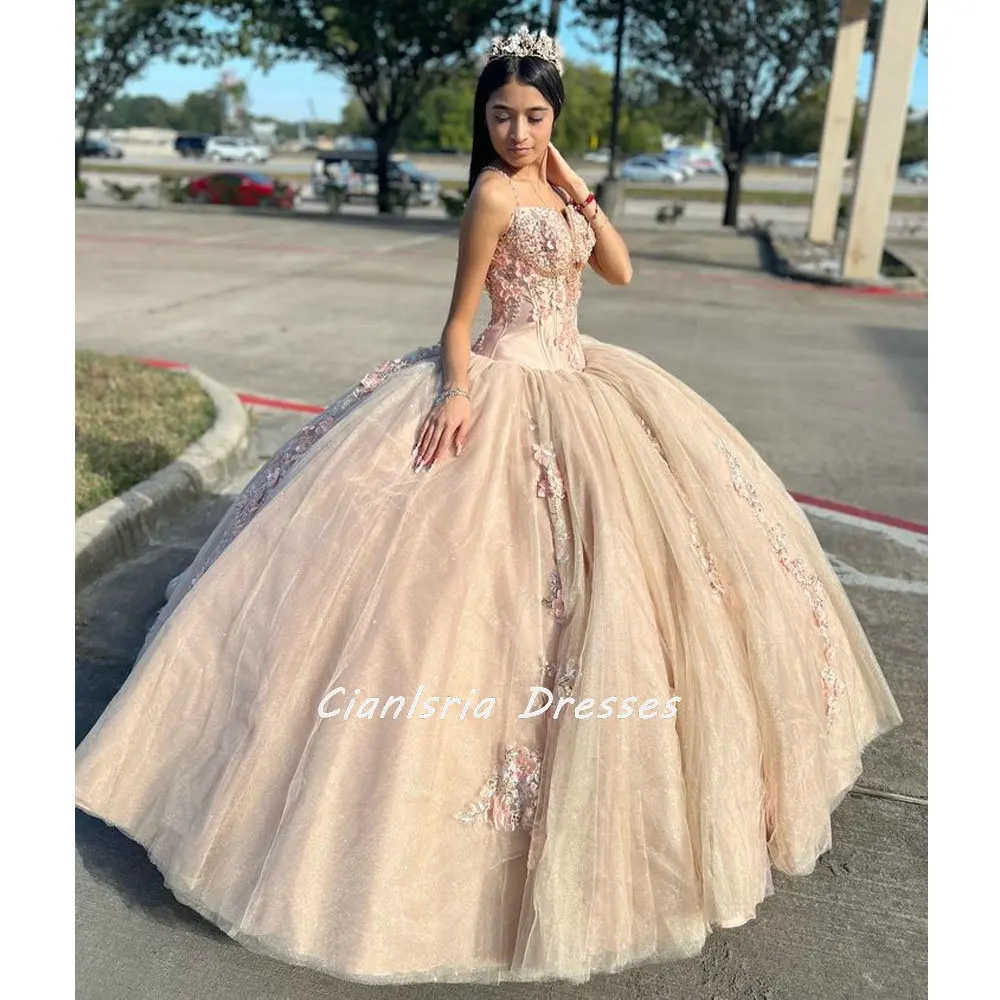 Vestido De quinceañera mexicana con tirantes finos color champán, vestido De baile con cuentas De cristal, apliques De flores en 3D, corsé, Vestidos De XV Anos