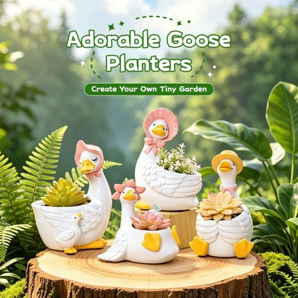 Cartoon Adorable Goose Planters Resin Multipurpose Goose Planter Pot Drainage Hole Cute Succulent Bonsai Pot Office
