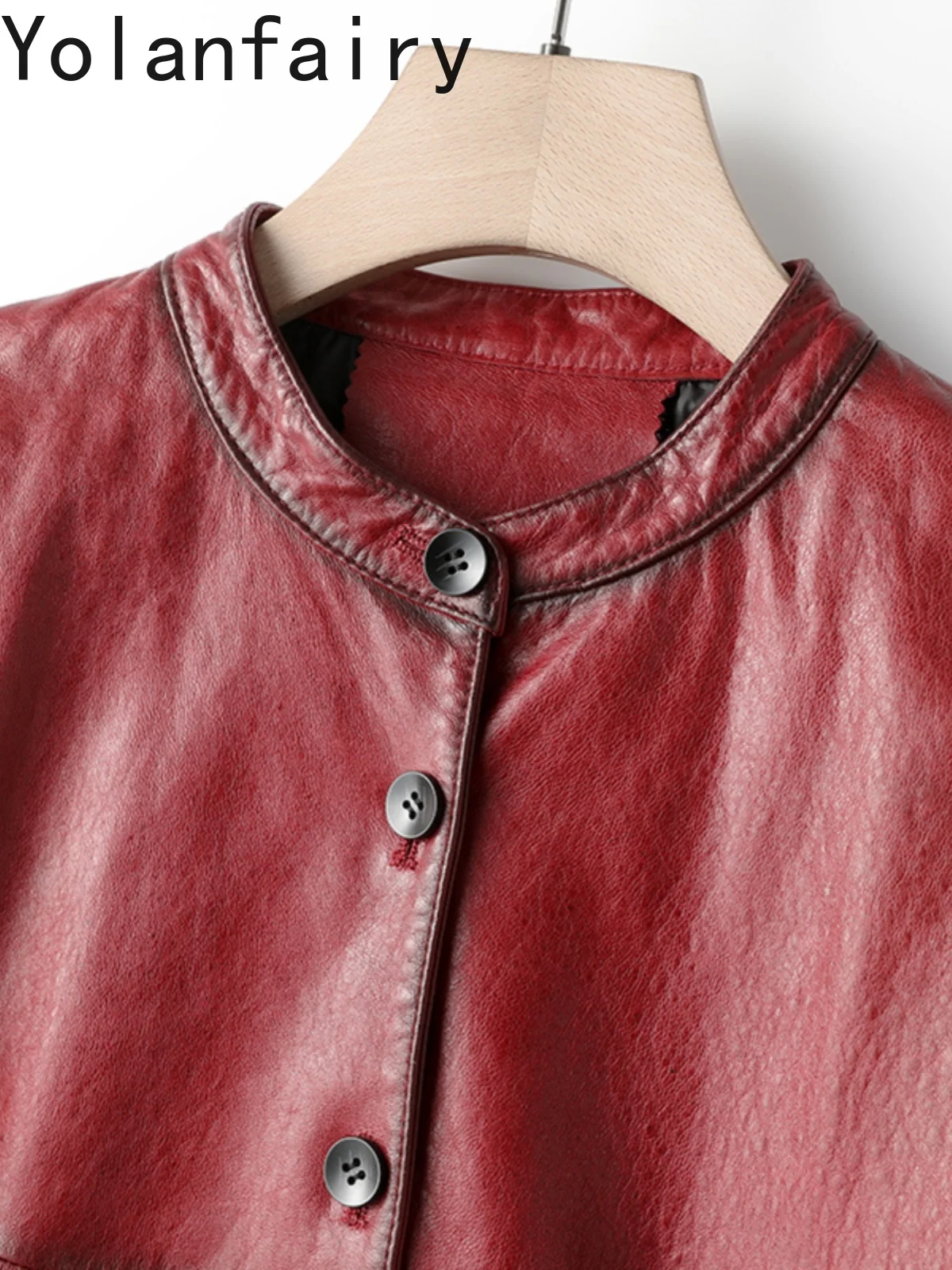 YOLANFAIRY سترة جلدية أصلية للنساء لخريف وشتاء متوسط الطول 100% معطف من جلد الغنم الحقيقي امرأة عباءة جلدية فضفاضة Chaquetas #4