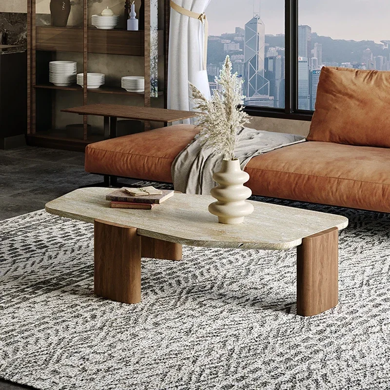 Wabi-sabi style, solid wood, coffee table, travertine stone, small apartment, living room, homestay, retro special-shaped marble