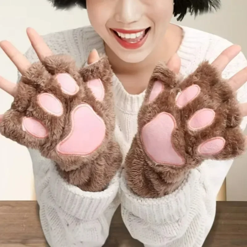 Cute Cat Claw Half Finger Gloves Warm Plush Kawaii Cartoon Bears Cats Paw Glove Adult Kids Kitten Fingerless Work Study Mittens