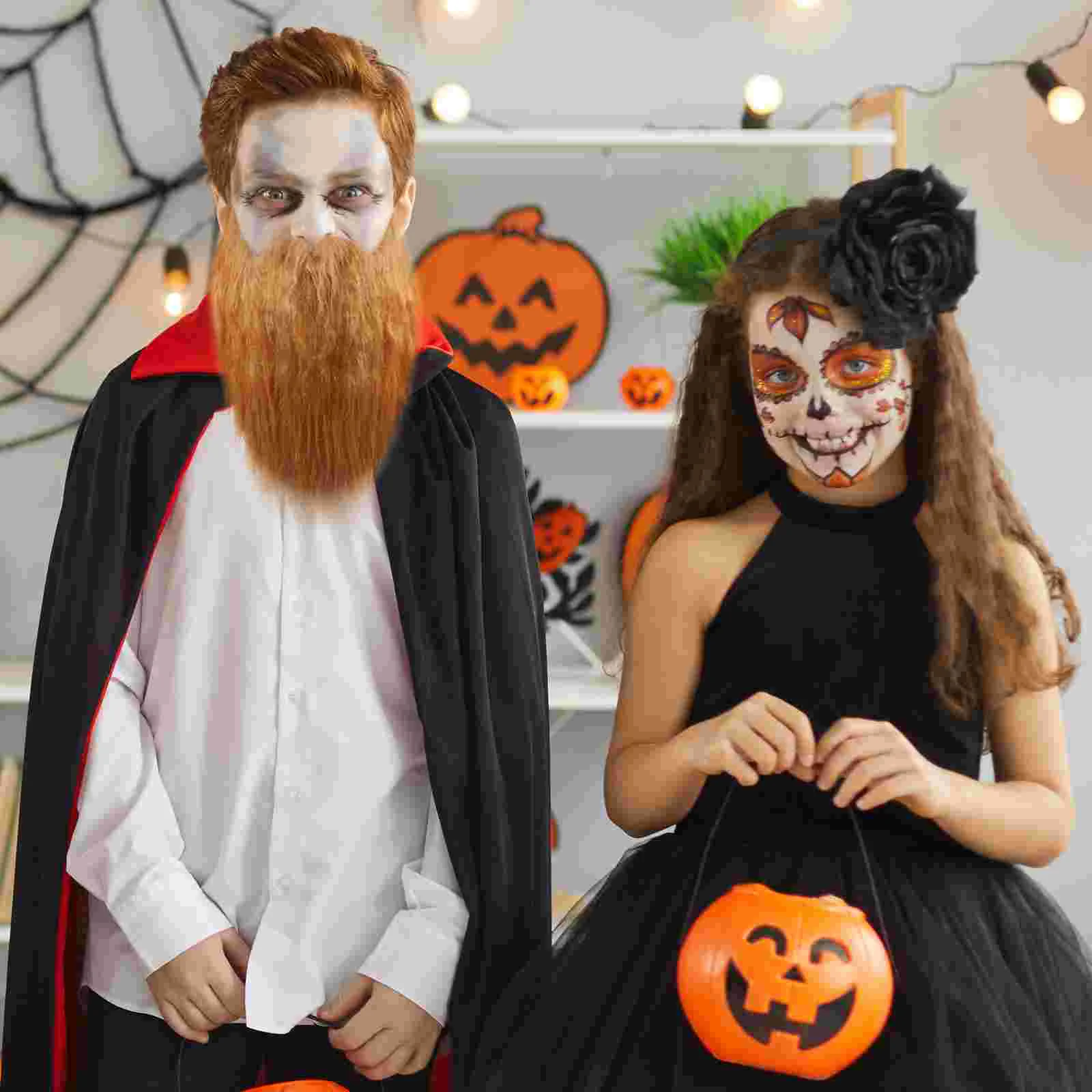 2 Pcs Halloween Long Hair Fake Beard Mustache False Pumpkin Mask Brown Christmas Decor Cosplay Props Mustaches Prom Child