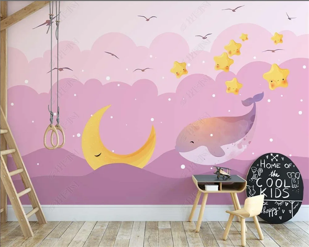 

beibehang wallpaper Customized modern hardworking Nordic hand-painted pink starry sky animal cloud children's room wall paper