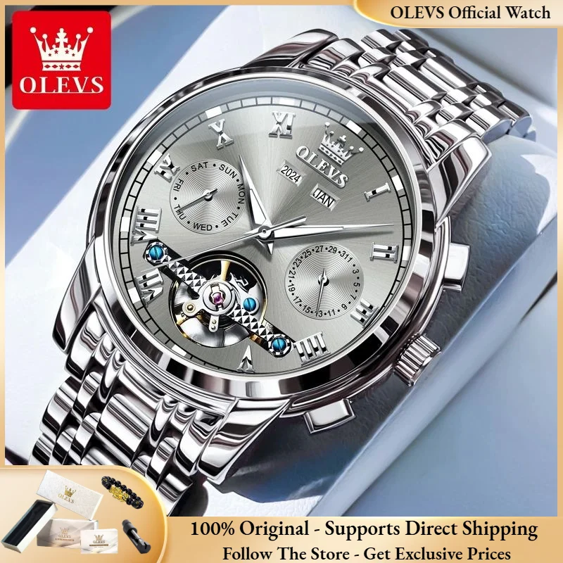 

OLEVS 6607 Luxury Men Automatic Watch Waterproof Stainless Steel Skeleton Flywheel Watch Top Brand Original Men Mechanical Watch