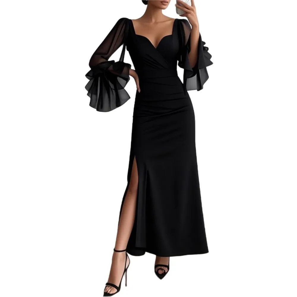 Fashion Chiffon Trumpet Long Sleeve Splicing Women's Black Dress Spring New Slim Sexy Deep V-neck Slit Elegant Female PartyDress - view 5