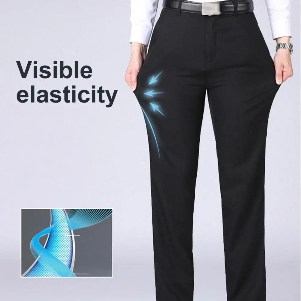 Formal Middle-aged Men Trousers Solid Color High Waist Spring Summer Stretchy Full Length Pants for Business Office Work Daily