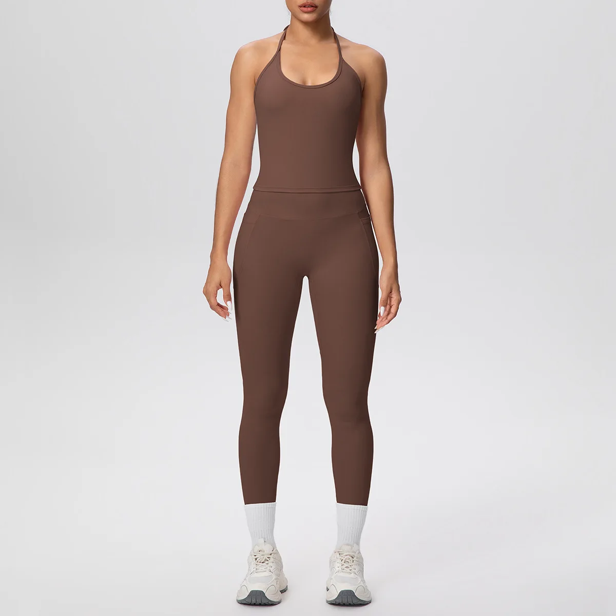 MIML Pure Color Fleece Yoga Suit Set for Women with Back Strap Hanging Neck Pockets Sports Running Fitness Two Piece Workout Out