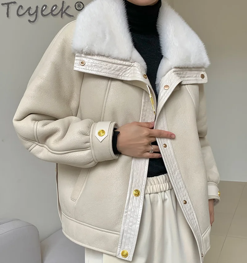 2023 Natural Sheepskin Leather Jacket Women Winter 100% Real Mink Fur Sheep Shearling Coat Female Casaco Feminino Gxy1207