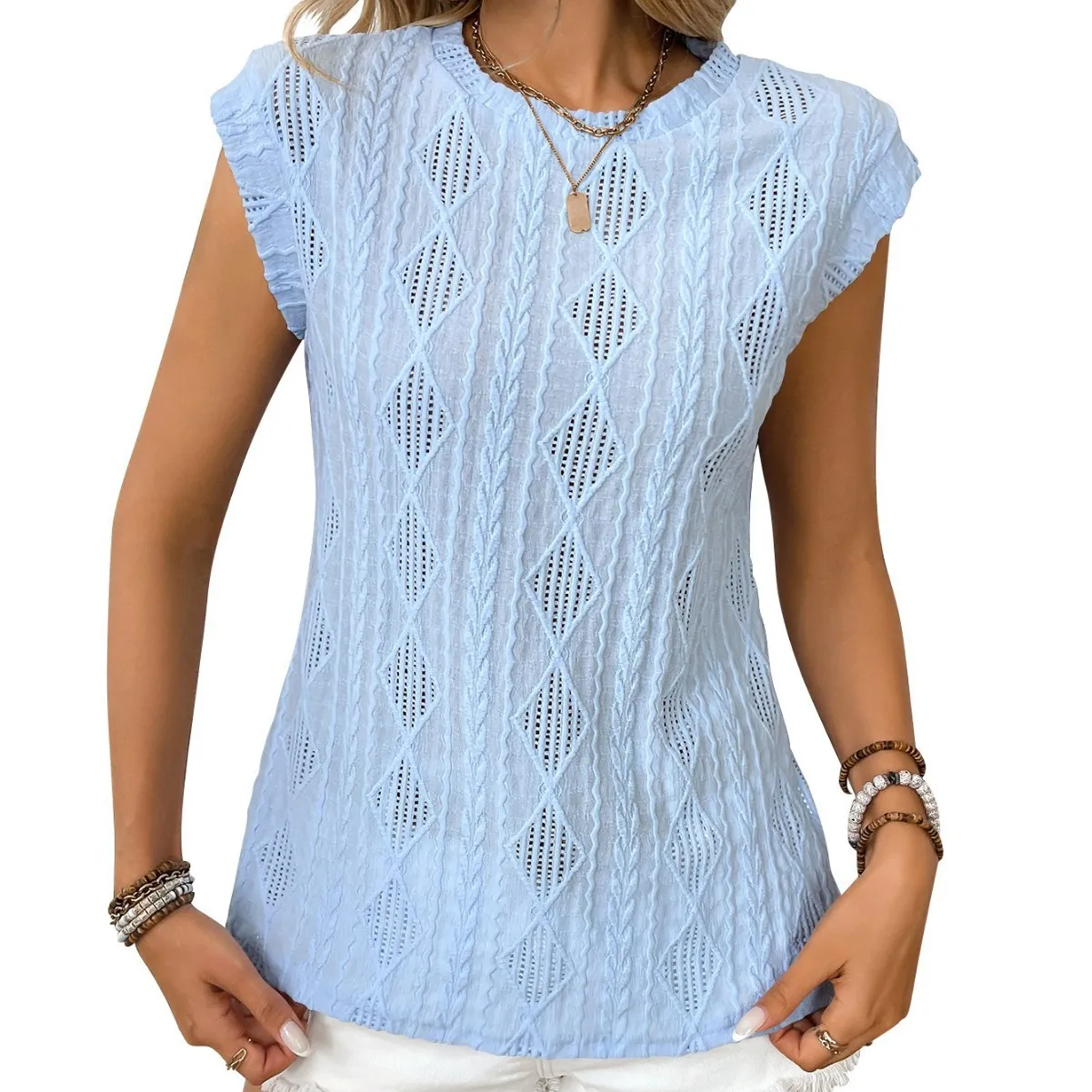Loose Fit Round Neck Top Streetwear with Jacquard 3D Pattern Short Sleeve Regular Length Western Style T Shirt for Women